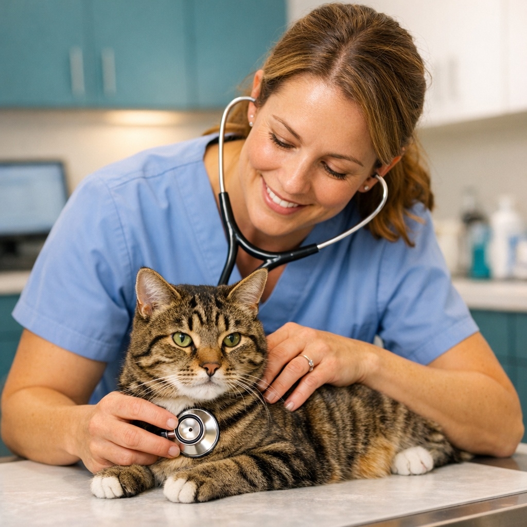 Veterinarian examining a cat