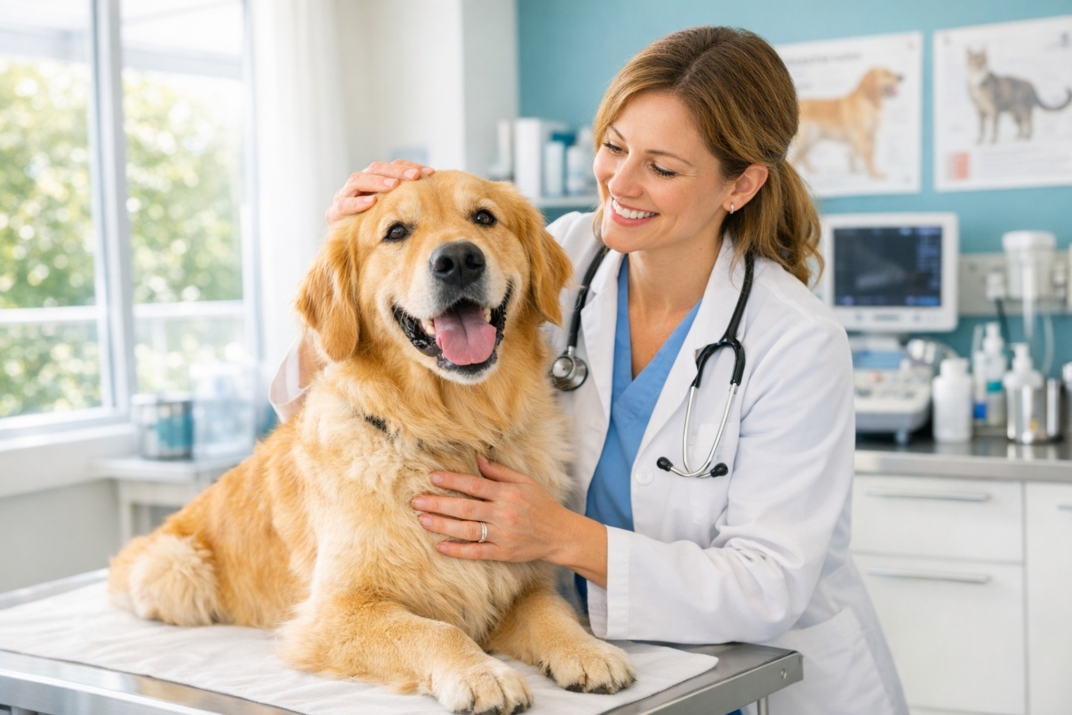 Veterinarian caring for a golden retriever